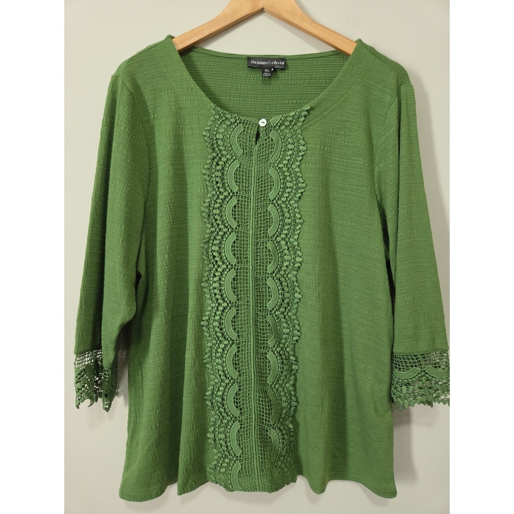 Thomas & Olivia Green Crochet Lace Trim 3/4 Sleeve Knit Top XL Slub Textured